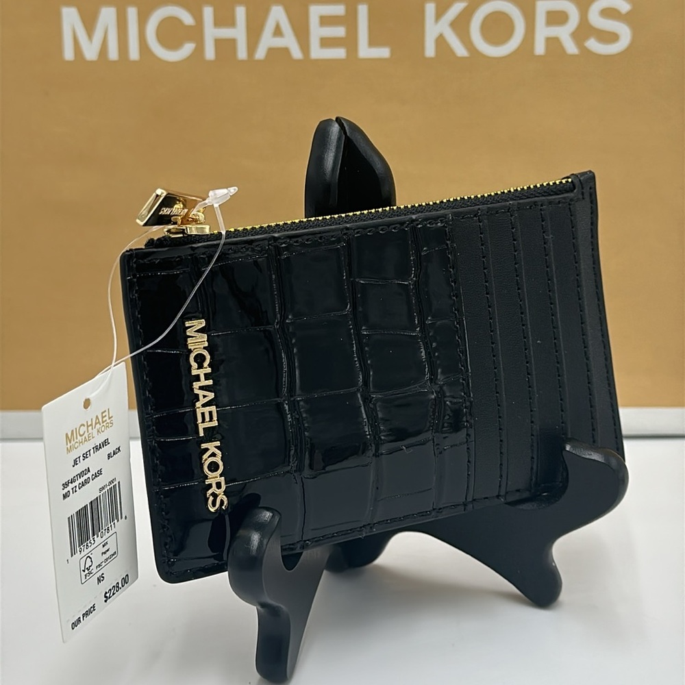 Michael Kors Womens Ladies Top Zip Card Case Coin Pouch Card Holder Wallet-Black - Picture 6 of 9